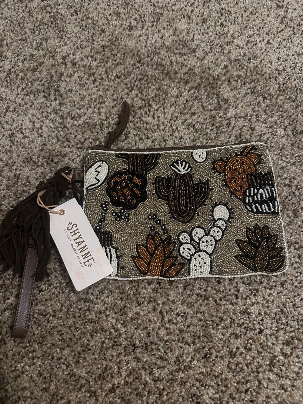 Shyanne Beaded Cactus Wristlet Clutch in Brown, Cream, Black